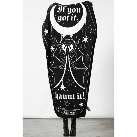 Killstar “Haunt It” Coffin Beach Towel – XL Black & White Microfiber Bat Print - Picture 1 of 5